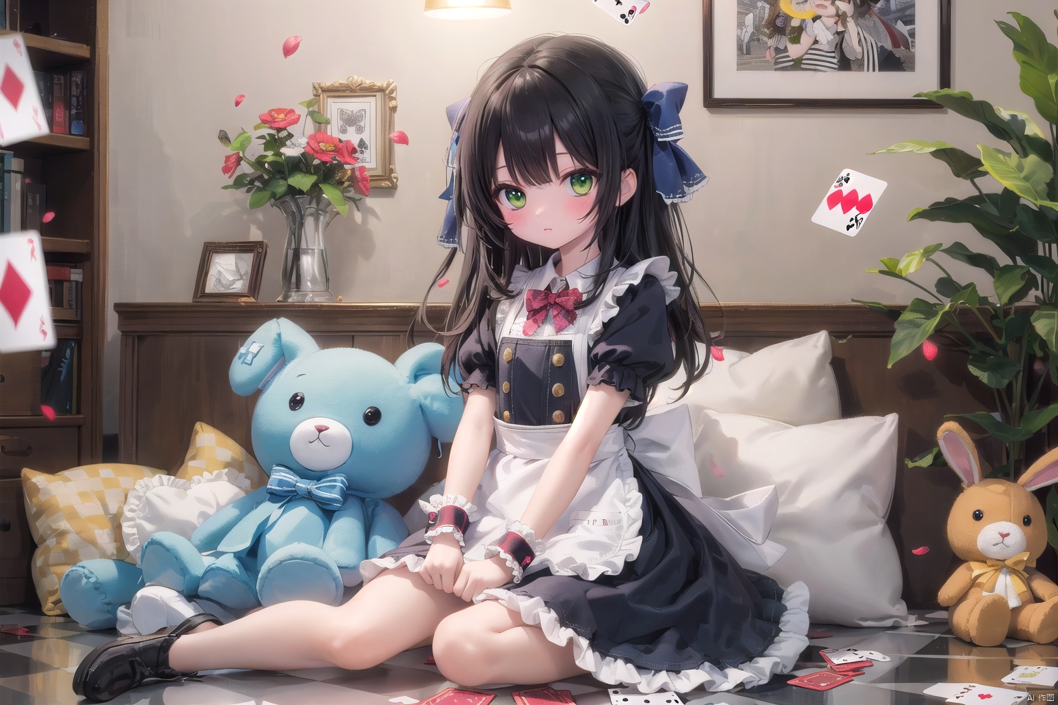  (masterpiece),(best quality),illustration,ultra detailed,hdr,Depth of field,(colorful),loli, 1girl, long hair, green eyes, checkered floor, stuffed toy, stuffed animal, solo, dress, black hair, bow, hair bow, playing card, card, stuffed bunny, petals, looking at viewer, blush, wrist cuffs, blue dress, apron, short sleeves, heart, frills, sitting, bangs, , , , ,