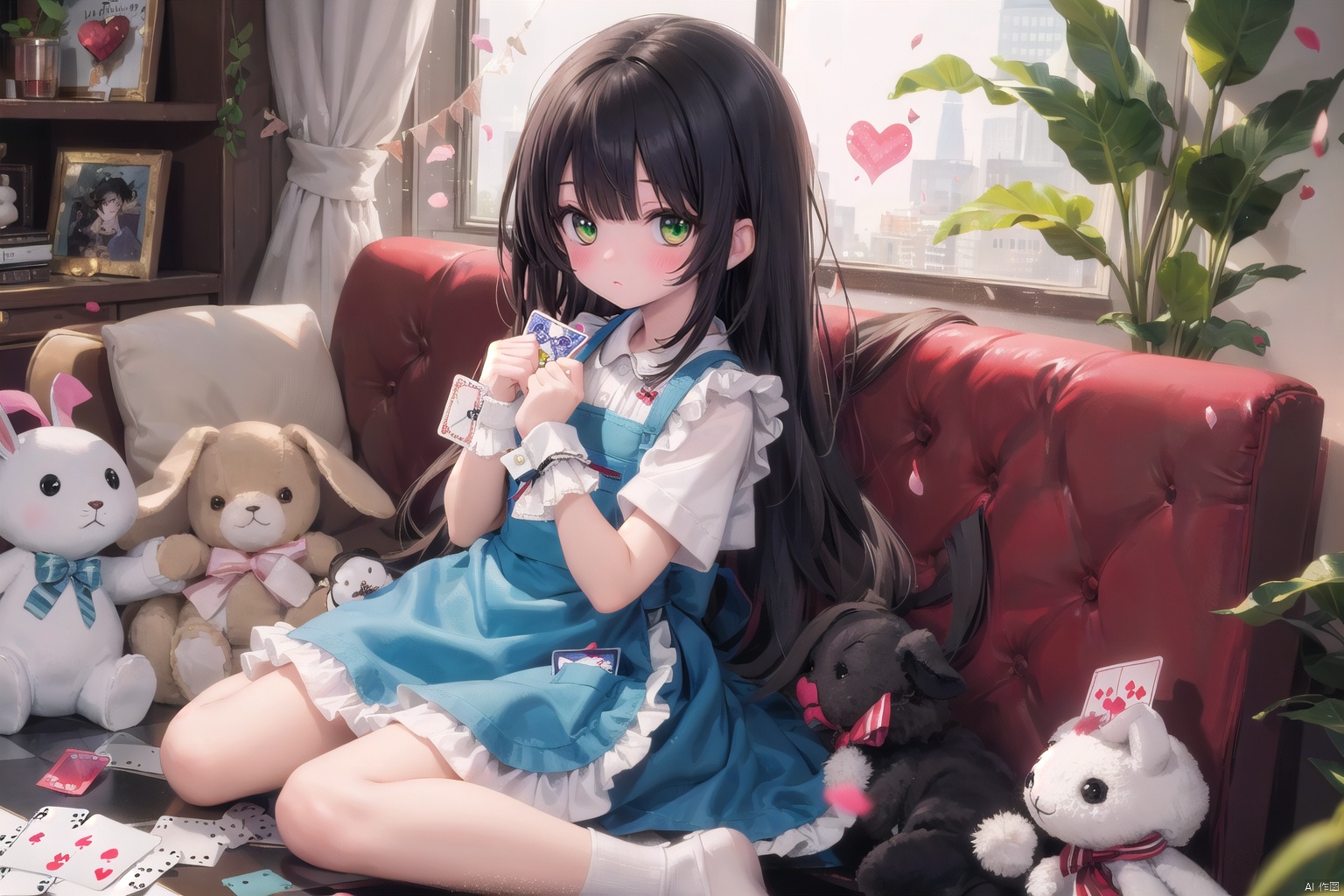  (masterpiece),(best quality),illustration,ultra detailed,hdr,Depth of field,(colorful),loli, 1girl, long hair, green eyes, checkered floor, stuffed toy, stuffed animal, solo, dress, black hair, bow, hair bow, playing card, card, stuffed bunny, petals, looking at viewer, blush, wrist cuffs, blue dress, apron, short sleeves, heart, frills, sitting, bangs, , , , ,