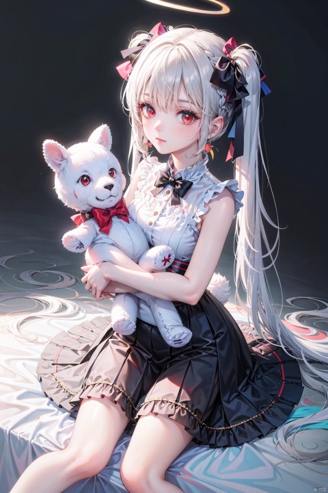  (masterpiece),(best quality),illustration,ultra detailed,hdr,Depth of field,(colorful),[Artist misumi (macaroni)],[iumu],[Artist chen bin],Artist rurudo, 1girl, halo, twintails, stuffed toy, solo, stuffed animal, long hair, looking at viewer, stuffed rabbit, sleeveless, bare shoulders, red eyes, bow, hair bow, page number, braid, dress, holding, black bow, frills, closed mouth, simple background, holding stuffed toy, white hair, grey hair, bandages, bowtie, black skirt, ribbon, sleeveless dress, white shirt, black background, shirt, hair between eyes, bare arms
