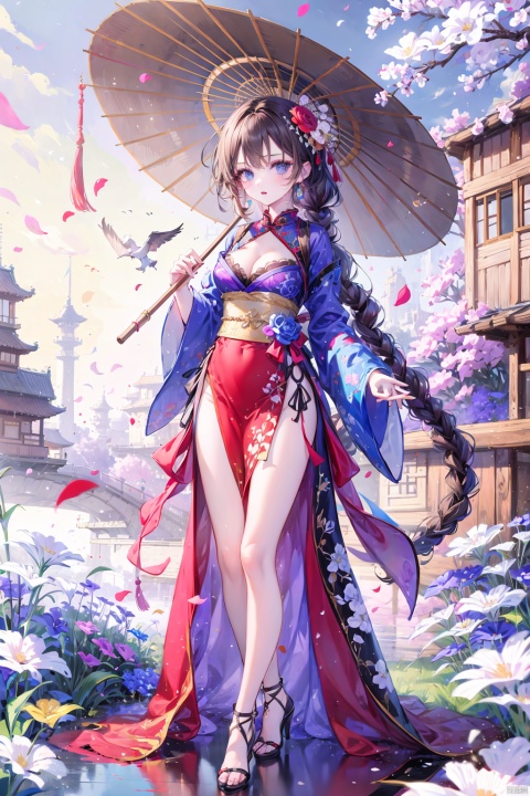  1girl, solo, long hair, breasts, looking at viewer, bangs, brown hair, black hair, hair ornament, long sleeves, dress, holding, jewelry, standing, full body, flower, hair flower, wide sleeves, bird, umbrella, chinese clothes, cleavage cutout, white flower, tassel, shawl, holding umbrella, branch, oil-paper umbrella, hanfu