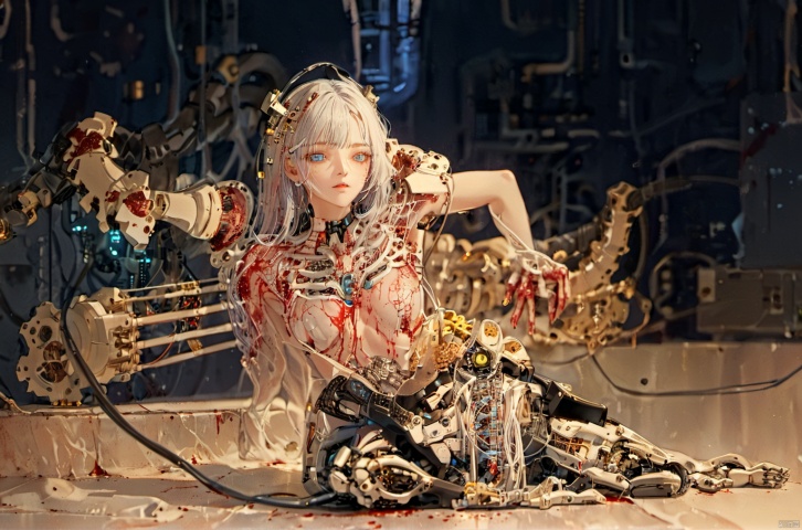  ((masterpiece)),((best quality)),mechanical girl, maintain GPU,Translucent mechanical body, realistic anime style,ultra realistic details,shadows,octane render,8k,ultra sharp,metal,intricate,ornaments detailed,cold colors,egypician detail,highly intricate details,realistic light,trending on cgsociety,facing camera,neon details,machanical limbs,blood vessels connected to tubes,mechanical vertebra attaching to back,mechanical cervial attaching to neck,sitting,wires and cables connecting to head,long_hair, white_hair, bangs, blue_eyes, circuitboard