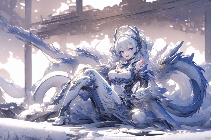  , Mecha, Ancient China_Indoor scenes, dofas,tianqijijijia, solo, 1girl, long hair, blue eyes, open mouth, gloves, smile, looking at viewer, bangs, full body, mecha musume, dress, high heels, white hair, boots, tattoo, thighhighs,breasts, elbow gloves, heart, bare shoulders, white dress, floating hair, high heel boots, thigh boots, robot girl, eastern_dragon