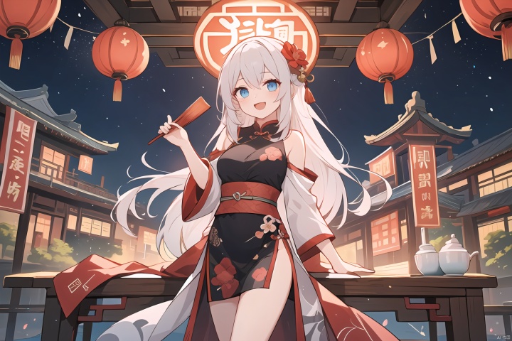  (best quality),(masterpiece),scenery,east asian architecture,ancient chinese architecture,chinese building,thundercracker, (((1girl))),solo,long hair,smile,open mouth,:d,bangs,hair flower,hair ornament,white hair,thighs,perfect eyes,blue eyes,beautiful face,medium breasts ,bare shoulders,standing,chinese new year shirt,(((middle distance))),new year,night,sky,traditional chinese festival, mDragonNewYear, Ancient China_Indoor scenes