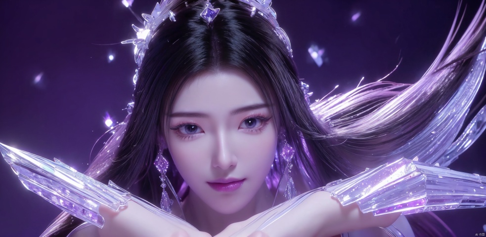 solo, (Good structure),cowboy_shot, DSLR Quality,Depth of field ,looking_at_viewer,Dynamic pose, , kind smile,
1 girl,(Purple light effect),hair ornament,jewelry,looking at viewer, (\meng ze\), wangyushan, dofas,(ultra-detailed crystallization),transparent crystals, qingyi