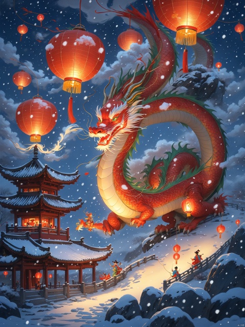  Thick painted national cartoons, textbook illustrations, Feng Zikai, Eastern poetry and painting, dragons, Chinese dragons shuttle through lanterns, during the Dragon Year and Spring Festival, red lanterns float in the sky, with Kongming lanterns, snowfall, moonlight, and brilliant stars, Chen Jialeng, high-quality, 32K crayon and ink, high-quality, 32K, high-quality, masterpiece, perfect composition, BJ_Sacred_beast