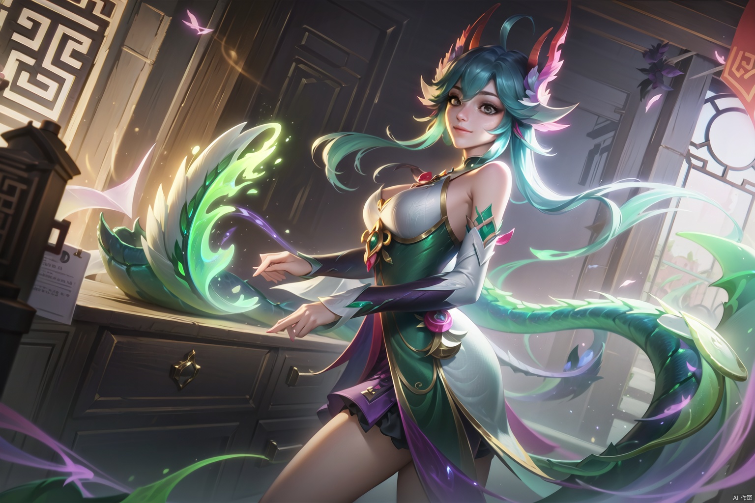  (masterpiece, best quality,top quality),(wide shot:0.95),Dynamic angle,solo,1girl,league of legend,loong, Dragon ear,chinese_clothes,green theme, duoliya