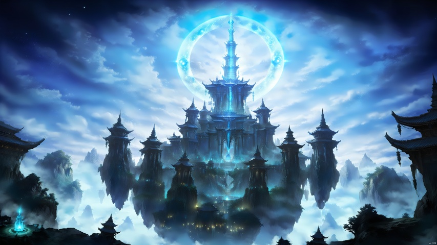 The majestic palace stands at the top of the sky, surrounded by a blue magic circle, solemn and majestic. At night, the palace looms under the moonlight, showing its mysterious cyan color. Practitioners step into it and feel the majesty and solemnity of the magic power.,RPG