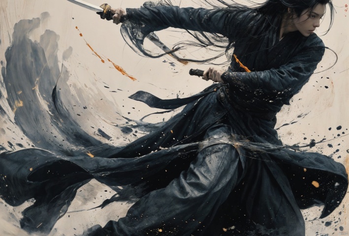  sdmai, wuxia, Chinese ink painting, artistic ink painting, Chinese martial arts films, wearing black robes, fighting posture, cinematic grandeur, splashing details, wild and powerful, solo, weapon, black hair, sword, long hair, male focus, looking at viewer, 1boy, scar, asuo, 1boy, solo, ,long hair,With a sword in hand, the body rotates forward, rotates the knife, eyes look at the enemy, ink, ink splashing, the cloak is landscape painting