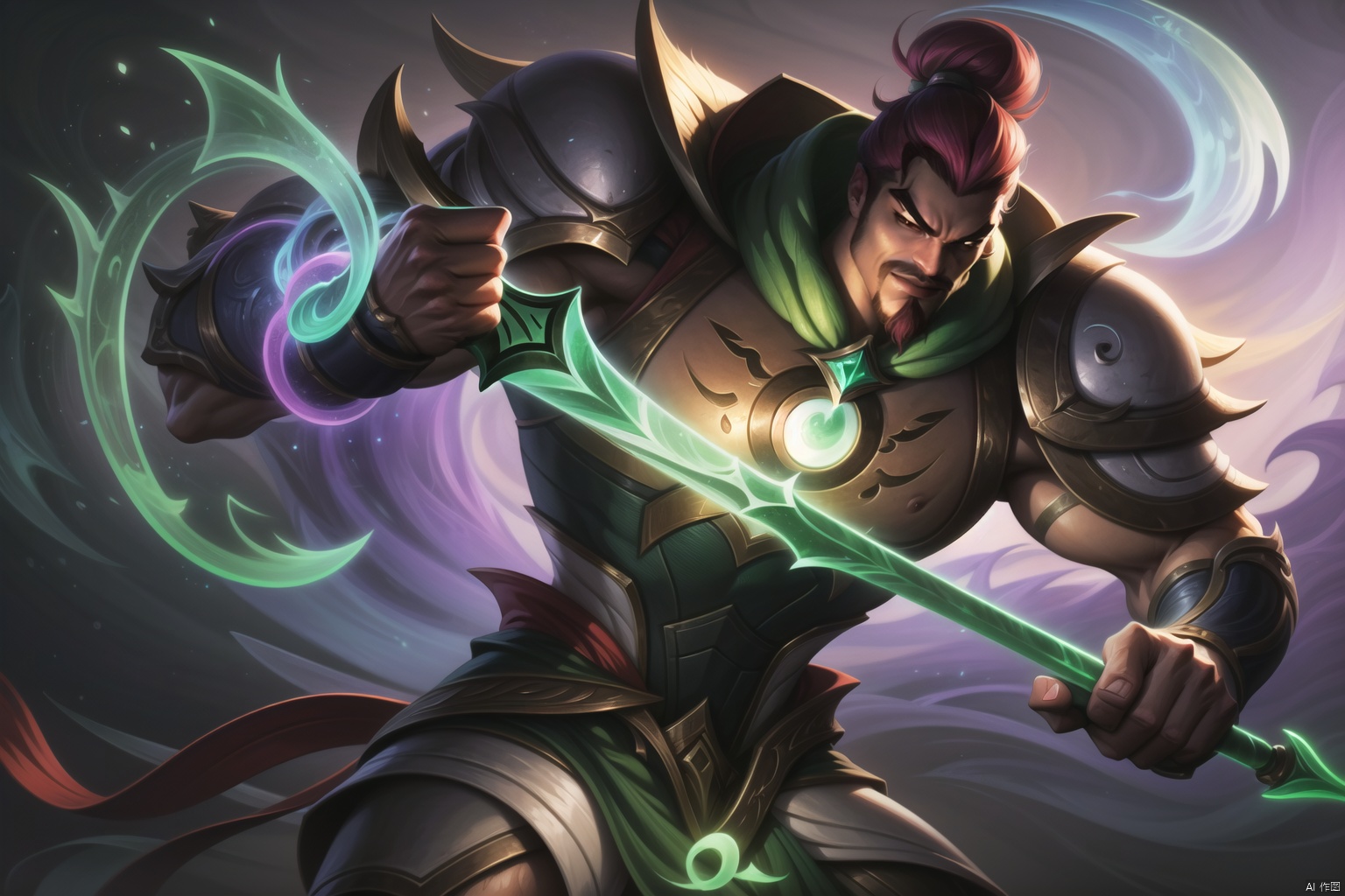  The heroic character in "League of Legends", he wears warrior armor, exudes a green aura, and holds a big knife in his hand. A close-up of a character, this painting adopts the fantasy art style of "League of Legends" illustrations. --ar 128:85, Darius