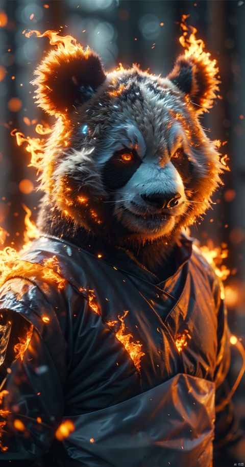 panda,,The whole body,flame, burning,sparks,light particles,yinghuo,Colorful flames, blue_zhangyu, No humans,