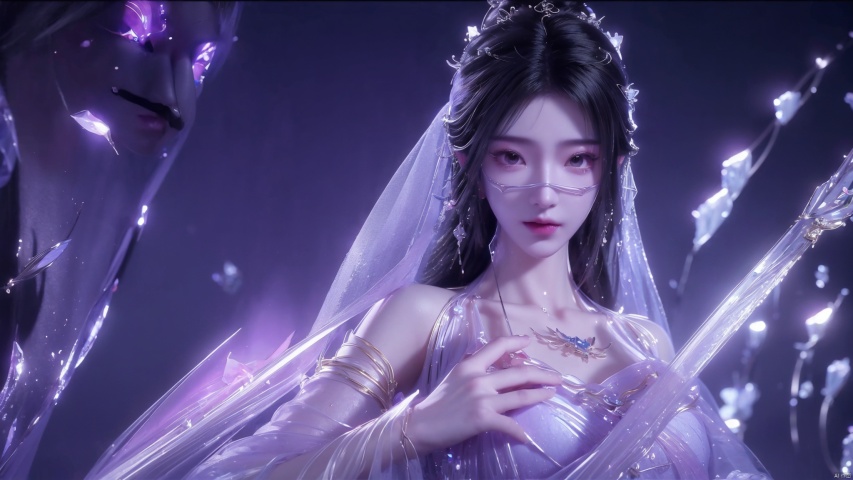(((Veils, masks))), translucent veils,solo, (Good structure),cowboy_shot, DSLR Quality,Depth of field ,looking_at_viewer,Dynamic pose, ,The seductive look, the enchanting look,
1 girl,(Purple light effect),hair ornament,jewelry,looking at viewer, (\meng ze\), wangyushan, dofas,(ultra-detailed crystallization),transparent crystals, qingyi,ziling_xianzi