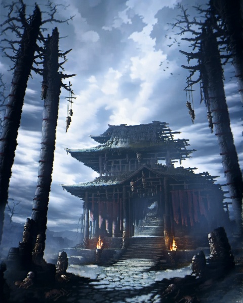  RPG,First view, no one, outside, outside the temple, fire, old, dark sky, old temple, ruins, stakes, skeletons, birds, twisted tree trunks, doors