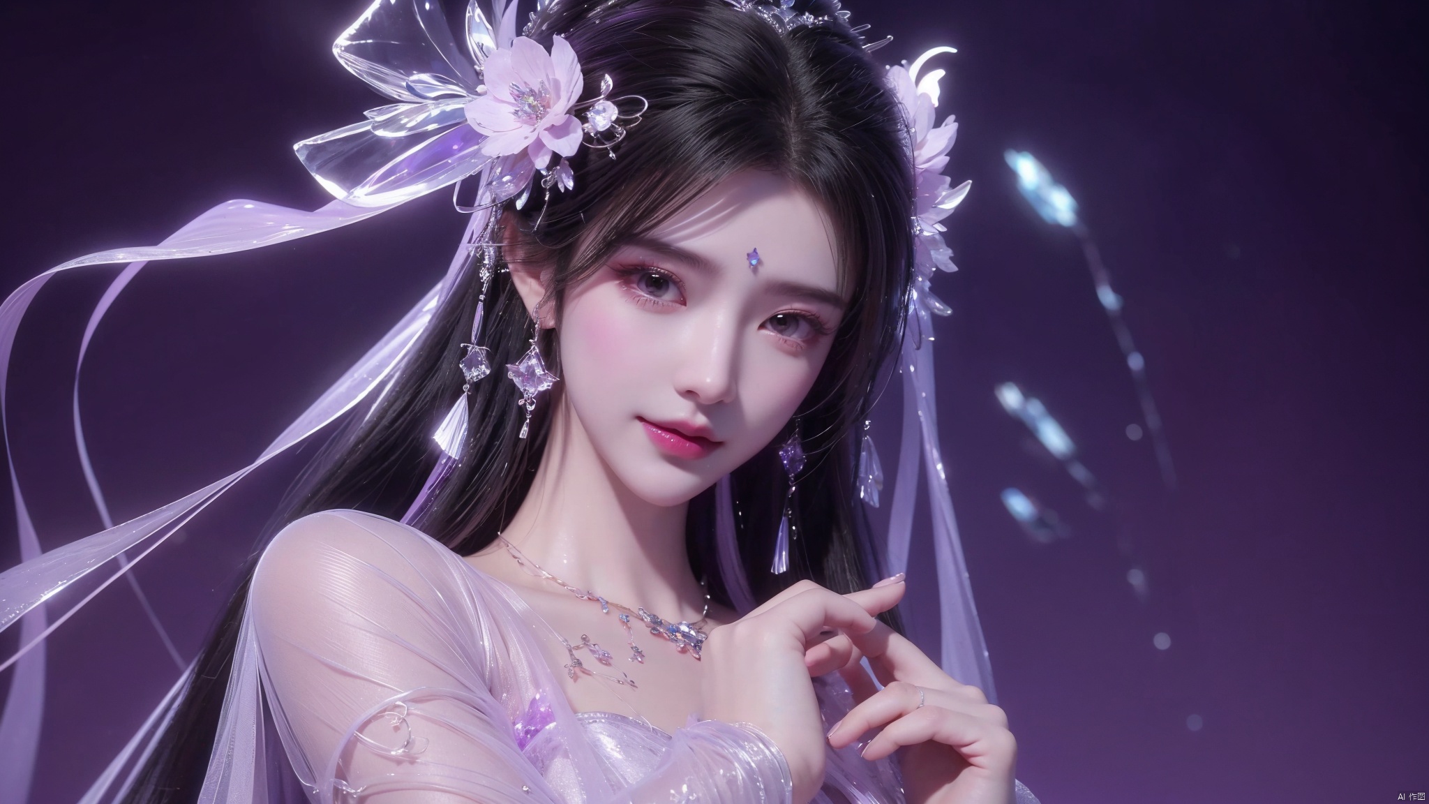 Veils, masks, translucent veils,solo, (Good structure),cowboy_shot, DSLR Quality,Depth of field ,looking_at_viewer,Dynamic pose, , kind smile,
1 girl,(Purple light effect),hair ornament,jewelry,looking at viewer, (\meng ze\), wangyushan, dofas,(ultra-detailed crystallization),transparent crystals, qingyi