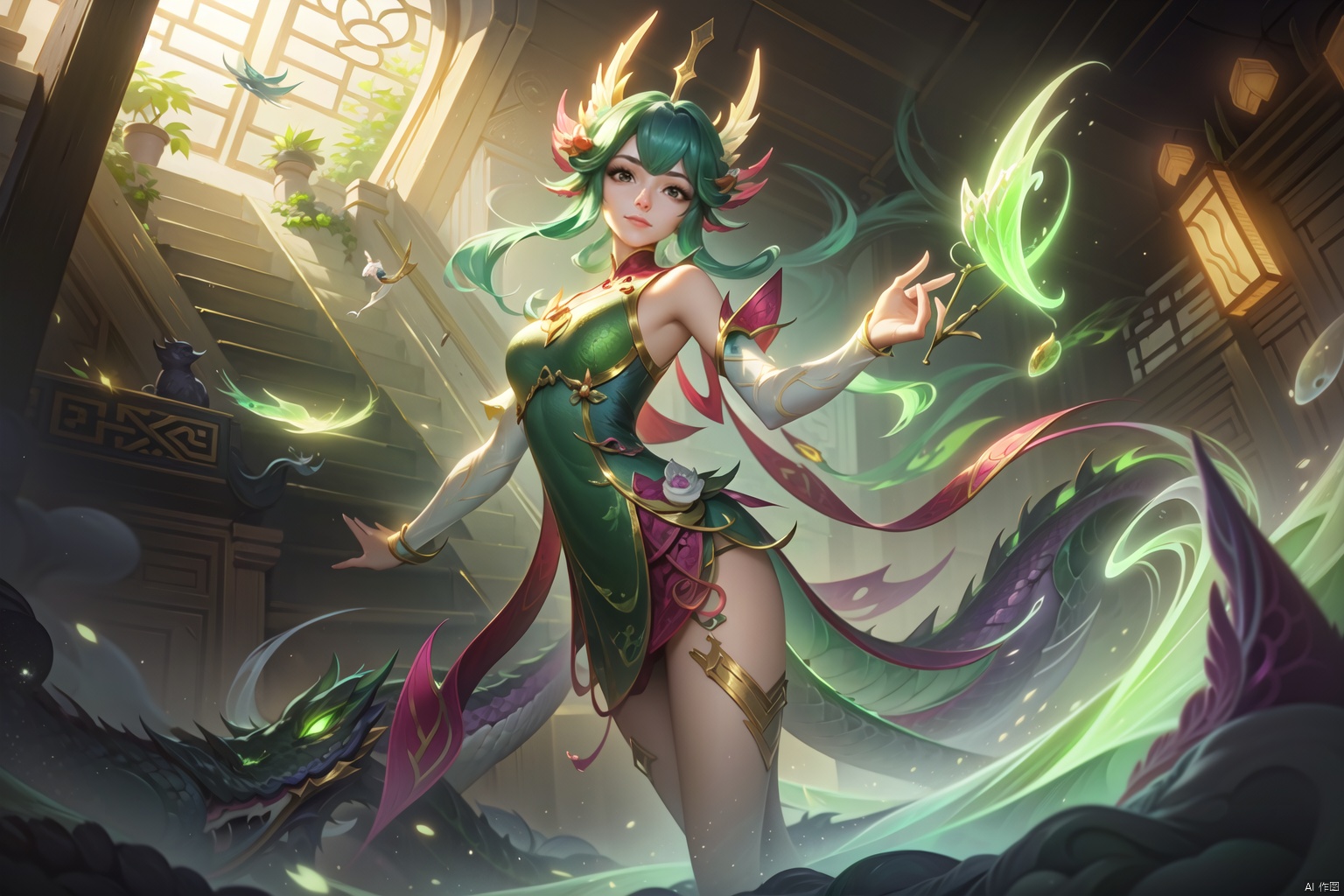  (masterpiece, best quality,top quality),(wide shot:0.95),Dynamic angle,solo,1girl,league of legend,loong, Dragon ear,chinese_clothes,green theme, duoliya