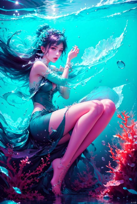  1 Girl, long green hair, purple eyes, curled up inside the ocean ball, full body, quiet, under the sea, bubbles, coral, perspective, depth of field, masterpiece, master work, fantastic, dreamlike,liquid clothes