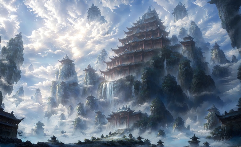  Fairyland, clouds, clouds, clouds,((masterpiece)),((best quality)),Ancient temples, upturned eaves, carved beams and painted rafters, high-rise buildings, sky, clouds, waterfalls, starry sky, a full sun, linear light,The majestic palace stands at the top of the sky, surrounded by a blue magic circle, solemn and majestic.  , showing its mysterious cyan color.  Practitioners step into it and feel the majesty and solemnity of the magic power. ,RPG, Chinese traditional architecture,ananmo
