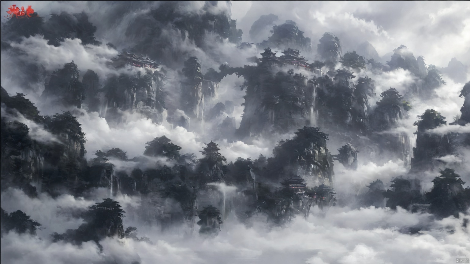 Ink, black and white,Fairyland, cloud, cloud, cloud, ((masterpiece)), mountain, Zhangjiajie, cloud, landscape, water, ((boutique)), sky, cloud, waterfall,. RPG, ananmoo