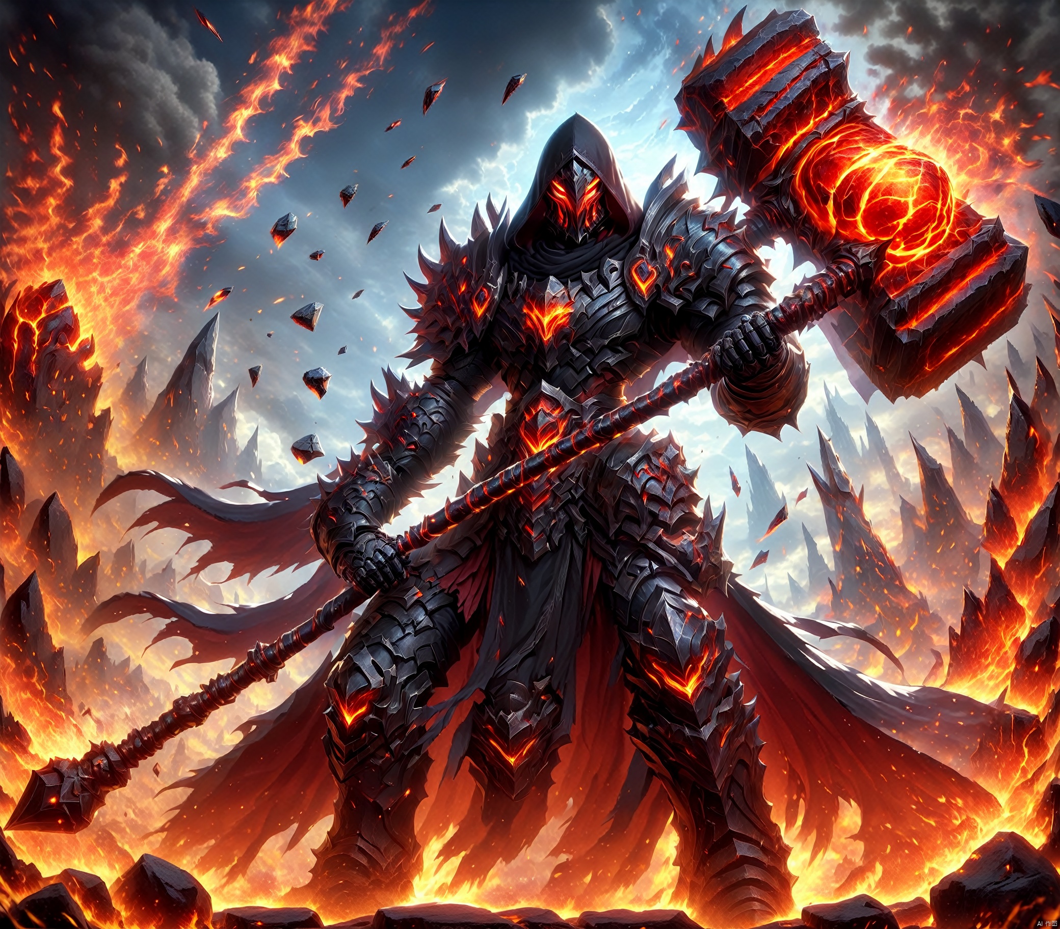  an anime action shot of a fantasy game character wielding a giant magma battlehammer, wearing black armor and hood, 8K, HD, amazing quality, burning allay in background, HD, masterpiece, best quality, hyper detailed, ultra detailed, realistic