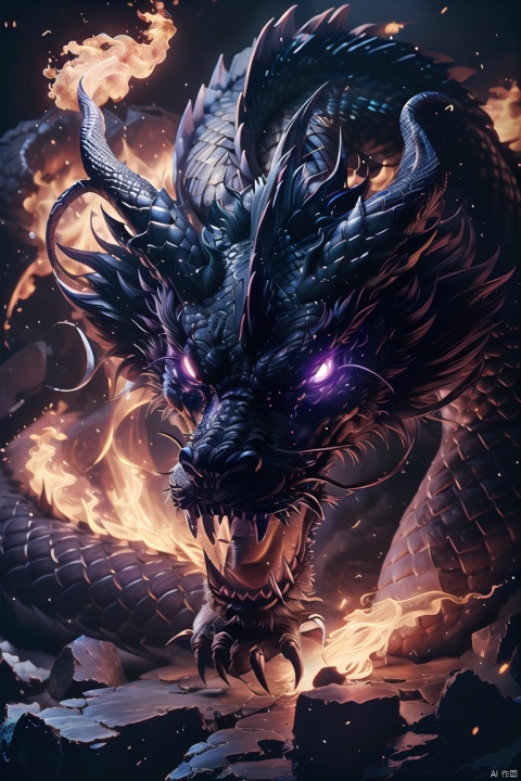  Black Dragon\(pi\), dragon, no humans, eastern dragon, horns, breathing fire, claws, fire, giant, open mouth, scales, glowing, teeth, sharp teeth, monster, glowing eyes