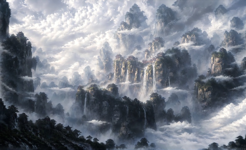 Ink, black and white,Fairyland, cloud, cloud, cloud, ((masterpiece)), mountain, Zhangjiajie, cloud, landscape, water, ((boutique)), sky, cloud, waterfall,. RPG, ananmoo