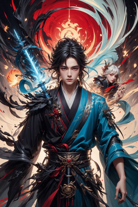 Face to the right,Sharp eyes,male,chinese_style,(sword:1.2),medium hair,red eyes,(solo:1.3),,
Professional,(masterpiece:1.2),best quality,PIXIV,taoist, eaba, huacheng,Look into the camera,Blue robes, blue clothes