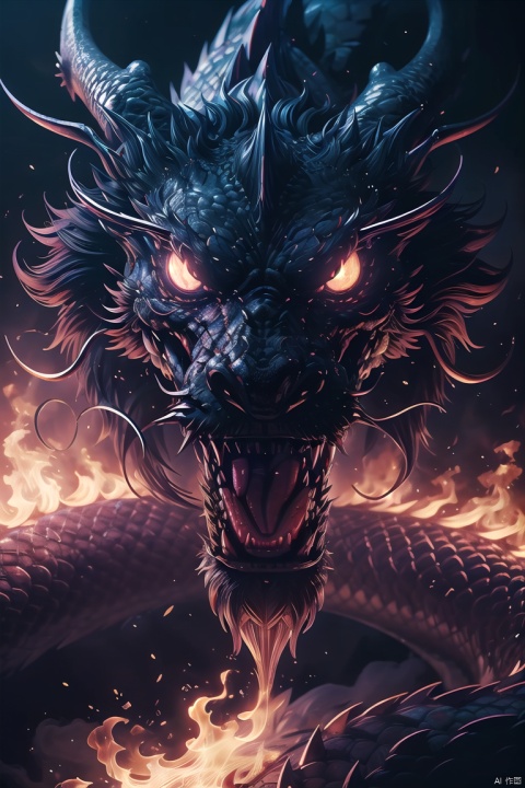  Black Dragon\(pi\), dragon, no humans, horns, glowing, glowing eyes, open mouth, fire, sharp teeth, teeth, scales