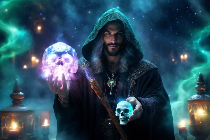 a vicious yet handsome necromancer holding a crystal skull while wielding a glowing magic wand, (looking at viewer:1.2), (evil smile), (hood:1.2), exquisite dark robe with intricate embroidery and mysteriou runes, facial hair, outdoors, green fog, in a ritual site, skeleton, books, starry night, (gloomy ambience), candle lighting, light splash, ethereal, mysterious, (fantasy aura)