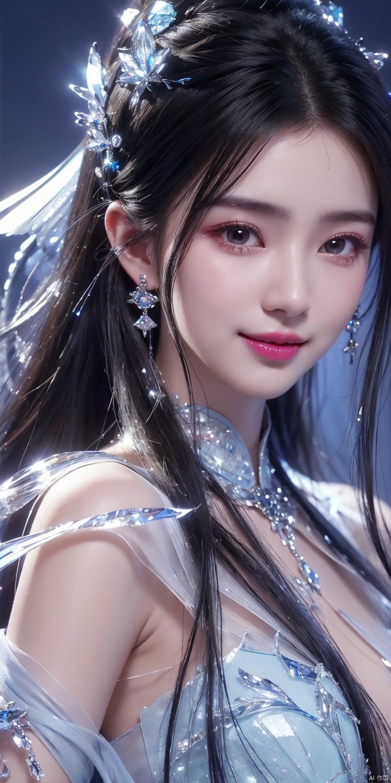  (Good structure),cowboy_shot, DSLR Quality,Depth of field ,looking_at_viewer,Dynamic pose, , kind smile,
1 girl,(blue light effect),hair ornament,jewelry,looking at viewer, (\meng ze\), wangyushan, dofas,(ultra-detailed crystallization),transparent crystals, qingyi, limuwan