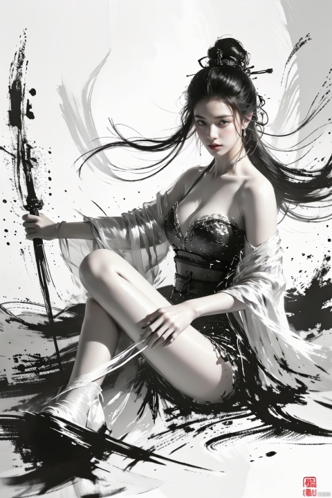  A girl, long hair, strapless, short skirt, cleavage,Masterpieces, masterpieces, high-definition image quality, Ink scattering_Chinese style,Show your legs,cleavage, wunv, xianjing hanfu crane
