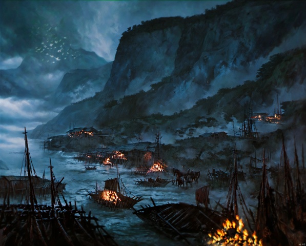  RPG,The first view, ruins, shore, flames, dilapidated huts, lake, boats, overturned boats, broken boats, dim, dim sky, birds, dark clouds, quiet, horseback riding, mountains, blurred