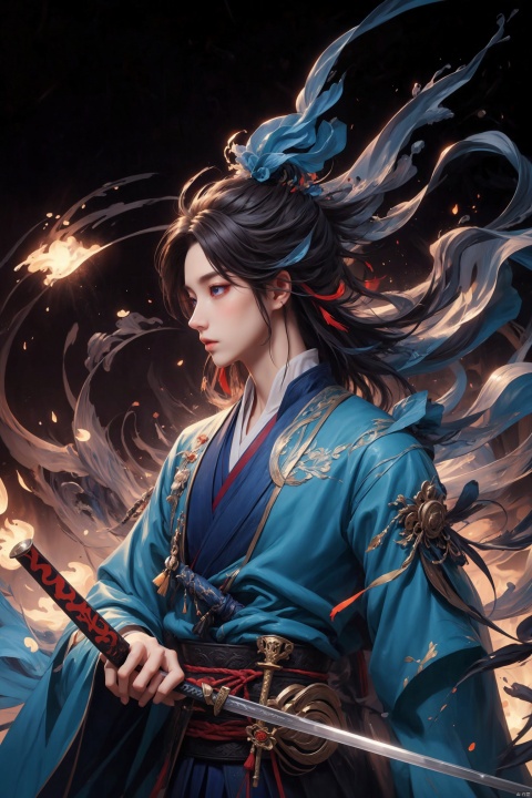 (((Three quarters profile))),male,chinese_style,(sword:1.2),medium hair,red eyes,(solo:1.3),,
Professional,(masterpiece:1.2),best quality,PIXIV,taoist, eaba, huacheng,Look into the camera,Blue robes, blue clothes