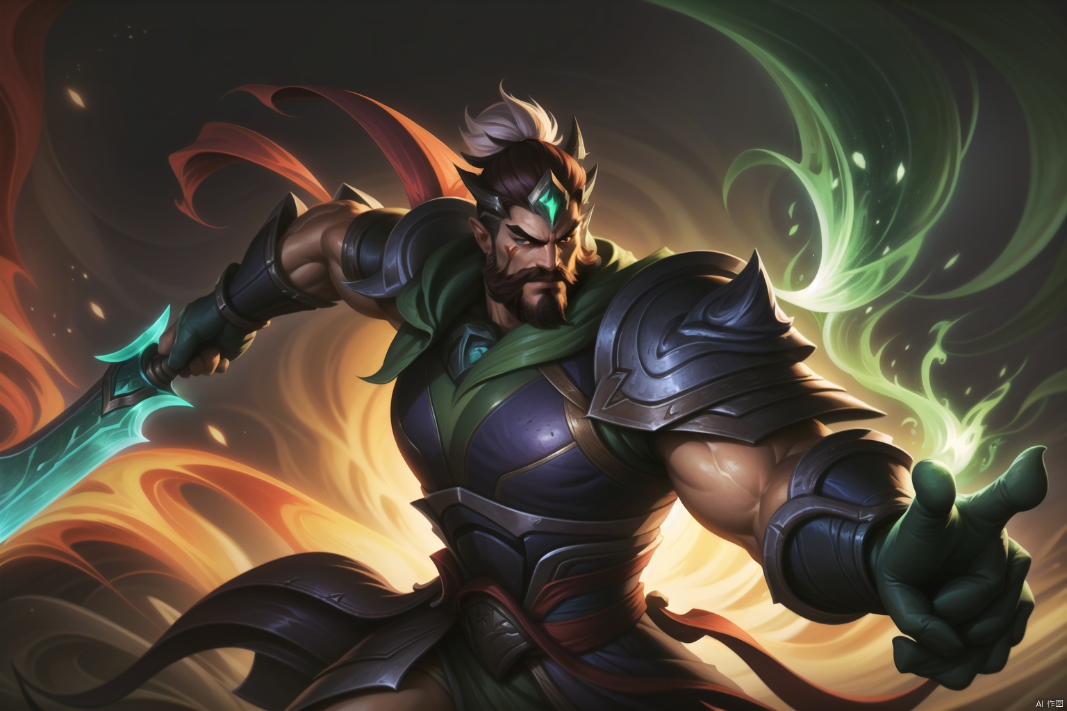  The heroic character in "League of Legends", he wears warrior armor, exudes a green aura, and holds a big knife in his hand. A close-up of a character, this painting adopts the fantasy art style of "League of Legends" illustrations. --ar 128:85, Darius