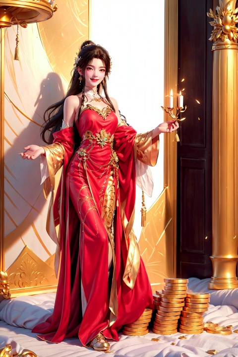 (((The upper part of the body))), Hold the gold ingots with your hands open, hold the gold ingots in your hands, Looking from top to bottom,A girl,Long red hair,red dress,God of wealth,((( full body))), lots of gold coins falling, gold coins shining, festive atmosphere, solo, blush, (smile: 1.3), smiling eyes,, wide sleeves,, hat, 3D modeling and rendering, high definition, detail enhancement,facai, facai,Hair accessories,,messy bun, looking at the audience, soft lighting,Best quality, ultra-high resolution, (photo realism: 1.4),enticing posture, 1girl, facai,yuzu, qingyi,hair ornament