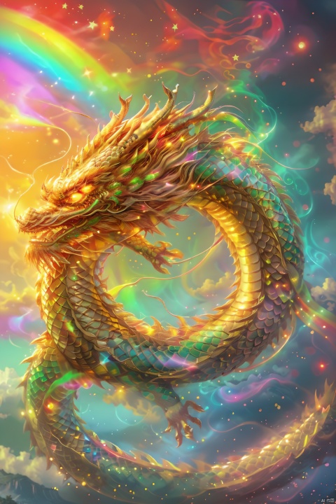 chinese dragon,glowing_eye,rainbow,sky,XCJL 