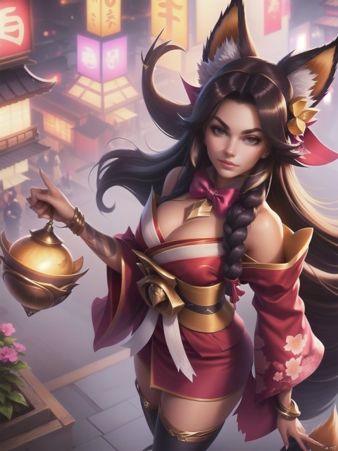 1girl,long hair, bell, bare shoulders, cleavage, fox ears, hair beel,hair ornament, japanese clothes, kimono,tail,fox tail, facial hair, (whisker marking:1.1),cityscape, night, legwear,  bowtie, looking at viewer,  , shamila, league of legend