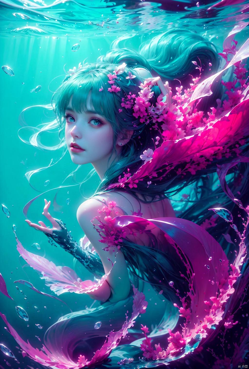  1 Girl, long green hair, purple eyes, curled up inside the ocean ball, full body, quiet, under the sea, bubbles, coral, perspective, depth of field, masterpiece, master work, fantastic, dreamlike,liquid clothes