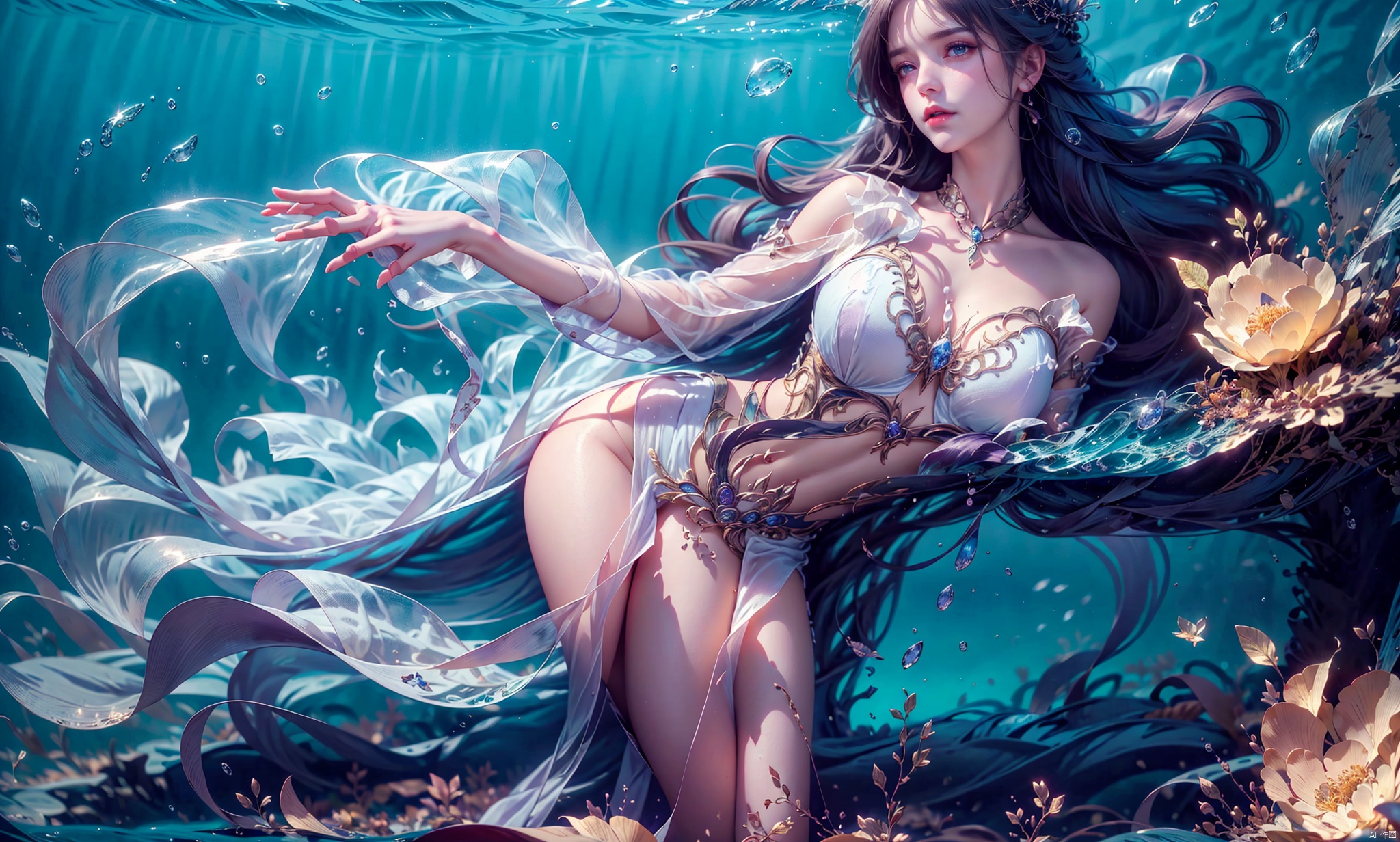  1 Girl, long green hair, purple eyes, curled up inside the ocean ball, full body, quiet, under the sea, bubbles, coral, perspective, depth of field, masterpiece, master work, fantastic, dreamlike, qingyi, 1girl,A gauzy skirt,Long dress, yifu, yunxi, ((poakl))