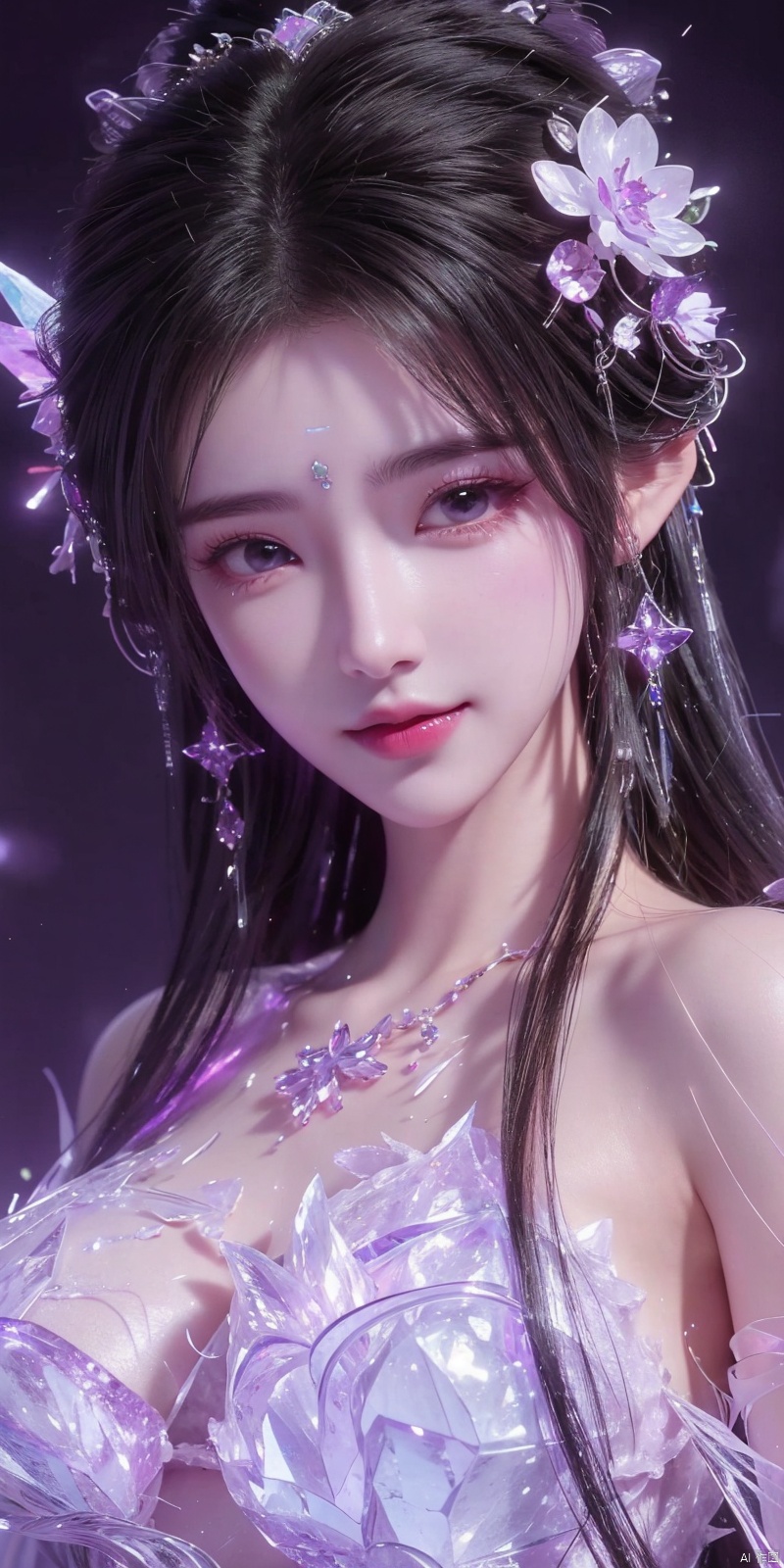  (Good structure),cowboy_shot, DSLR Quality,Depth of field ,looking_at_viewer,Dynamic pose, , kind smile,
1 girl,(Purple light effect),hair ornament,jewelry,looking at viewer, (\meng ze\), wangyushan, dofas,(ultra-detailed crystallization),transparent crystals, qingyi