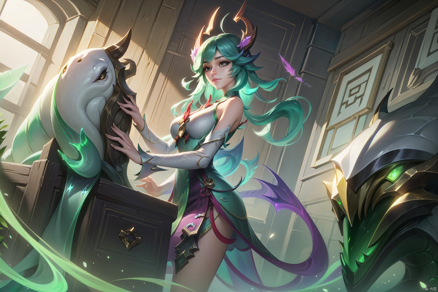  (masterpiece, best quality,top quality),(wide shot:0.95),Dynamic angle,solo,1girl,league of legend,loong, Dragon ear,chinese_clothes,green theme, duoliya