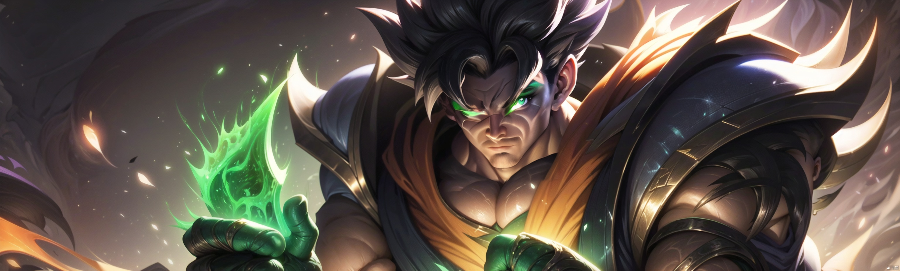  The heroic character in "League of Legends", he wears warrior armor, exudes a green aura, and holds a big knife in his hand. A close-up of a character, this painting adopts the fantasy art style of "League of Legends" illustrations. --ar 128:85, Darius, songoku
