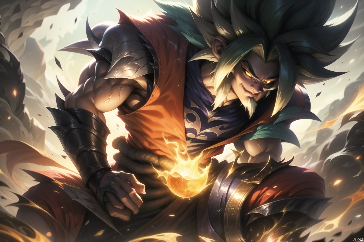  The heroic character in "League of Legends", he wears warrior armor, exudes a green aura, and holds a big knife in his hand. A close-up of a character, this painting adopts the fantasy art style of "League of Legends" illustrations. --ar 128:85, , songoku,black monkey king,uchiha sasuke