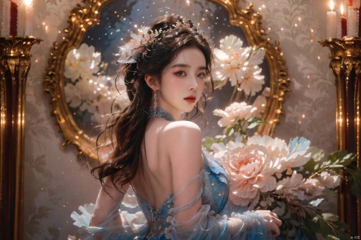 Put your hands together and pray, girl God, masterpiece,(best quality),official art, extremely detailed cg 8k wallpaper,((crystalstexture skin)), (extremely delicate and beautiful),highly detailed,1girl,solo,long hair,ruhua, qianjin, liuyifei,Back, looking back, turning head