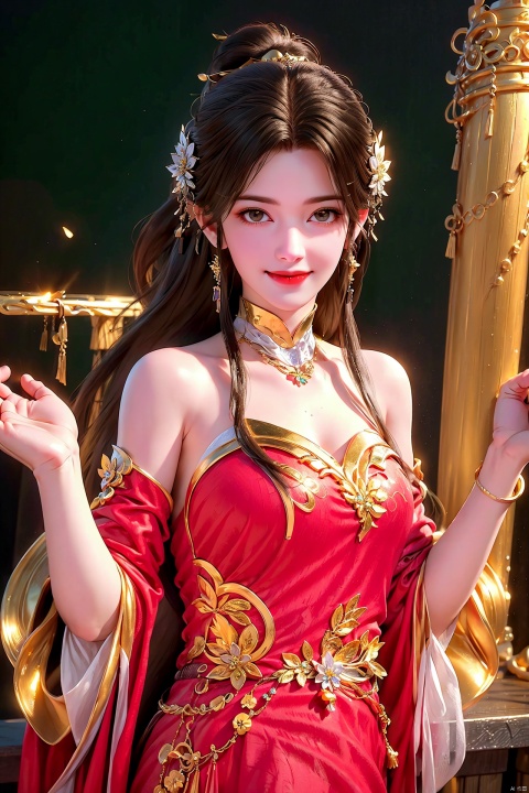  (((upper body))),(( Open your hands)). Open your hands, Looking from top to bottom,A girl,Long red hair,red dress,God of wealth,((( full body))), lots of gold coins falling, gold coins shining, festive atmosphere, solo, blush, (smile: 1.3), smiling eyes,, wide sleeves,, hat, 3D modeling and rendering, high definition, detail enhancement,facai, facai,Hair accessories,,messy bun, looking at the audience, soft lighting,Best quality, ultra-high resolution, (photo realism: 1.4),enticing posture, 1girl, facai,yuzu, qingyi,hair ornament