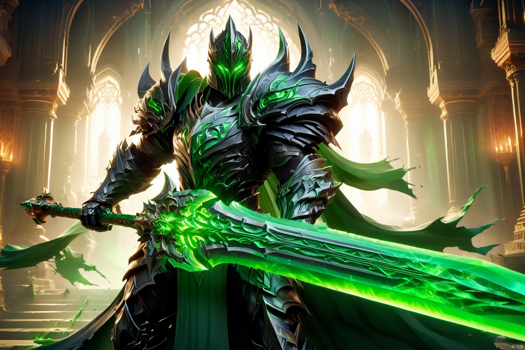  Action shot of a knight wearing black armor, wielding a giant green sword, green glowing eyes, torn cape, temple in background, HD, masterpiece, best quality, hyper detailed, ultra detailed, Naturalbody