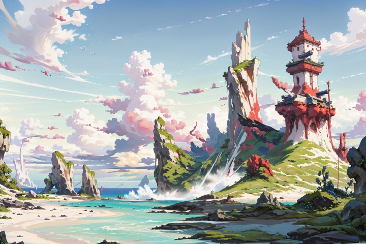  beautiful, extremely detailed ,CG ,unity ,8k wallpaper, Amazing, finely detail, masterpiece,best quality,official art,The sea,There is a station in the middle,Blue sky and white clouds, 2D ConceptualDesign