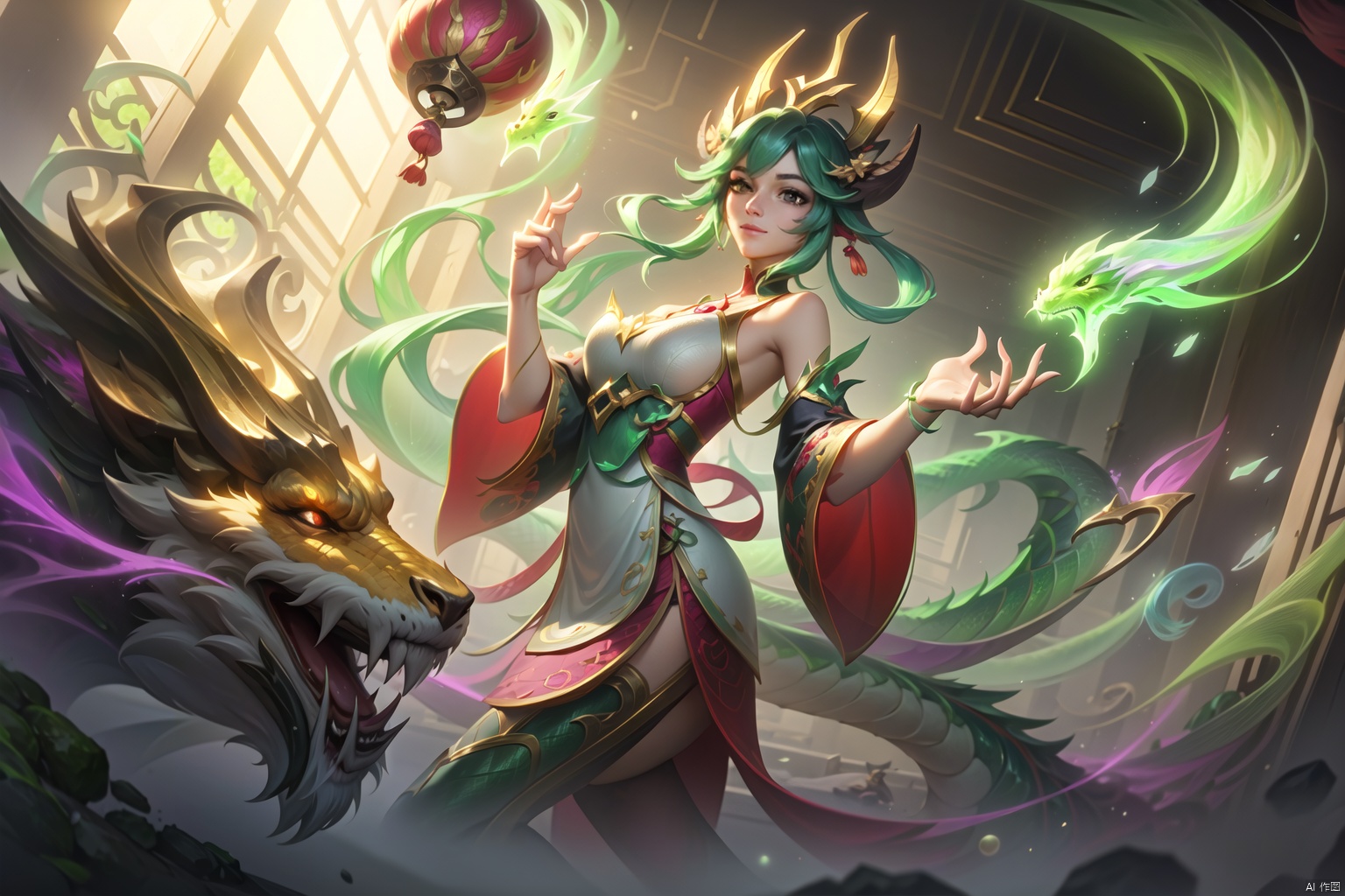  (masterpiece, best quality,top quality),(wide shot:0.95),Dynamic angle,solo,1girl,league of legend,loong, Dragon ear,chinese_clothes,green theme, duoliya