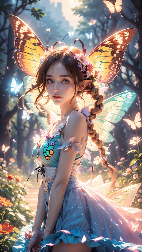  Stance, stand, stand,1girl,Butterflies on the Head, antennae, blurry, blurry background, brown hair, butterfly, butterfly hair ornament, butterfly on hand, butterfly wings, cleavage, fairy, fairy wings, flower, flying, (glowing butterfly:1.3), (glowing wings:1.3),hair ornament,insect wings, lips, long hair, medium breasts, motion blur, multicolored wings, nature, green wings, pointy ears, purple wings, solo, transparent wings, green butterfly, green wings, wings, green butterfly, green wings,Dawn Elf,dawn,glow,Glowing wings,Dress,Multiple butterflies,Glowing Butterfly,Super large wings, 1girl, eluosi