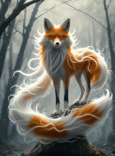  shanhaijing,a Nine-tailed fox,(9 tails:1.3),White fur,In the strange woods, the branches twist strangely,full body,3/4 profile image,wide-angle lens,panoramic view