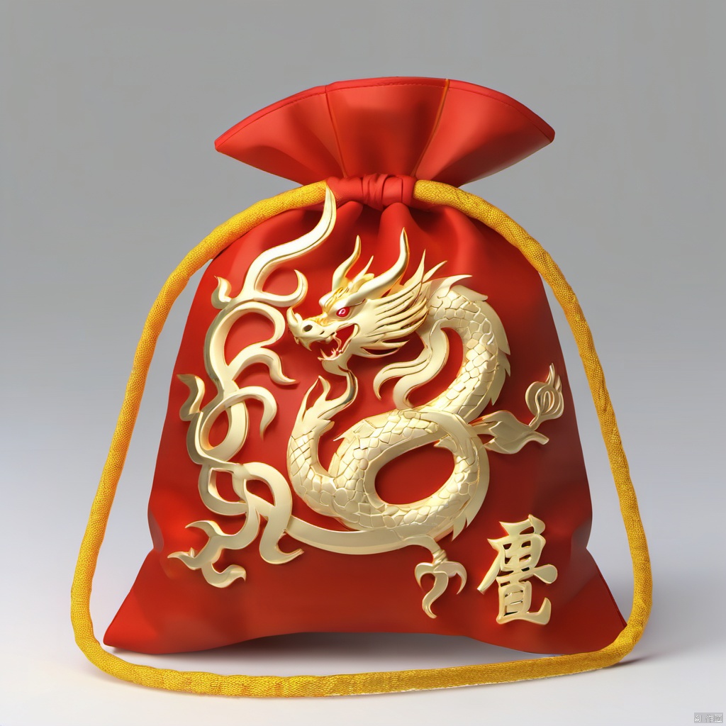  Game Chinese Style Dragon Blessing Bag  , red, gold, 3D render, stereo,Bag, bag, gift bag