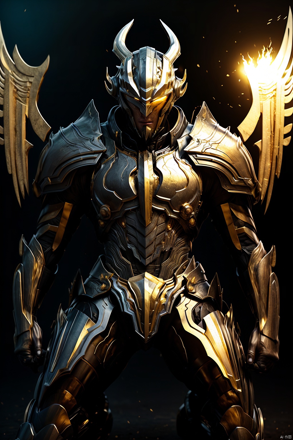  Red cape,HeiJing1, solo, 1boy, male focus, armor, black background, glowing, full body, horns, helmet, looking at viewer, full armor, detailed eyes, wings, dark and fire background, jingling, master piece, highres, 8K, HD, official_art, wings on back, full body, one kneel on ground